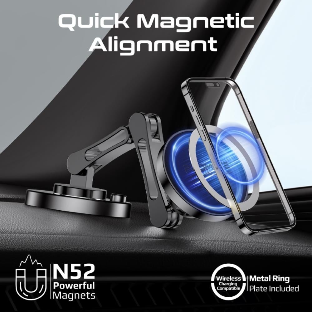 حامل الهاتف الذكي من بروميت مع زاوية دوران 360 درجة وتصميم مضاد للانزلاق، يوفر لك ثبات قوي على لوحة القيادة والزجاج الأمامي. ضبط الارتفاع ثلاثي المحاور يجعله مثالي للاستخدام المريح في كل رحلة - Promate Magnus