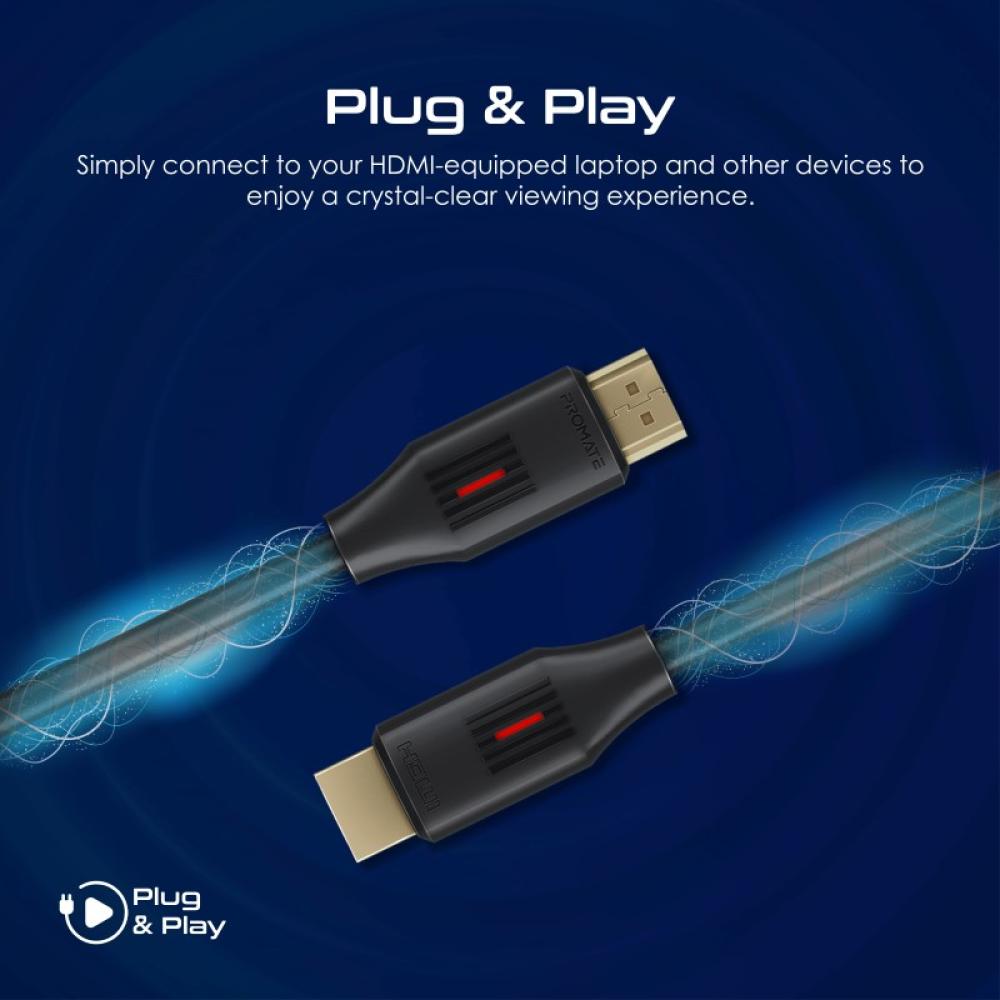كابل HDMI بدقة 4K@60 هرتز، يدعم ايثرنت عالي السرعة وصوت ثلاثي الأبعاد، أحادي الاتجاه مصنوع من ألياف بصرية، يأتي بطول 1.5 متر - Promate ProLink4K60-150