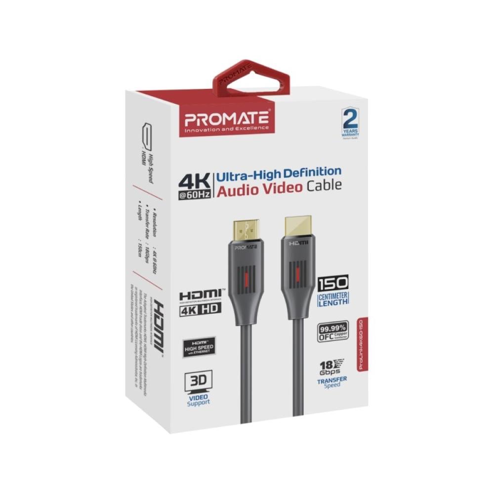 كابل HDMI بدقة 4K@60 هرتز، يدعم ايثرنت عالي السرعة وصوت ثلاثي الأبعاد، أحادي الاتجاه مصنوع من ألياف بصرية، يأتي بطول 1.5 متر - Promate ProLink4K60-150