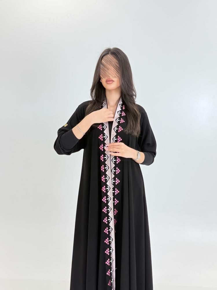 عباية فرحه بقماش ملكي بتطريز كرز دبل كلوش بينك 1