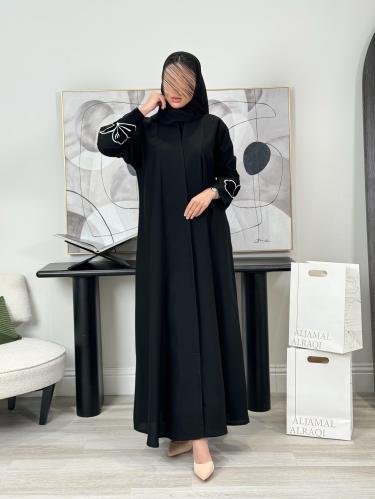 عباية سيما كريب الاناقة تطريز ورود مخمل - اسود