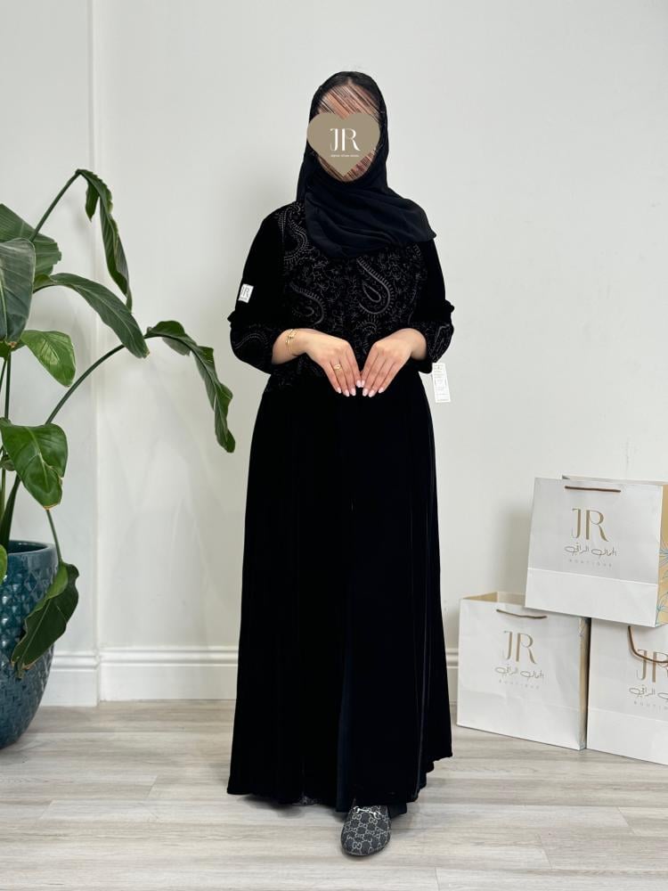 Winter collection ا عباية بلقيس مخمل كوري تطريز رمادي