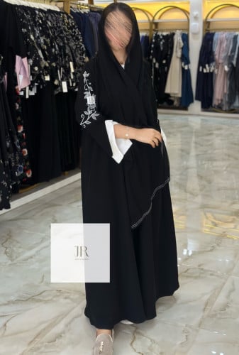 عباية كريب اندنوسي تطريز ابيض بالاكمام