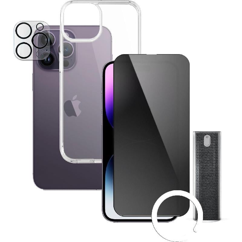زوند ايفون 15 برو خصوصية ا 4 -‎in-1 Clear Case + Privacy Tempered Glass + Camera Lens + Anti‎-‎bacteria Spray
