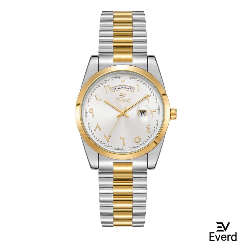 ساعة ايفرد رجالية سوار معدني بأرقام عربية عرض اليوم والتاريخ