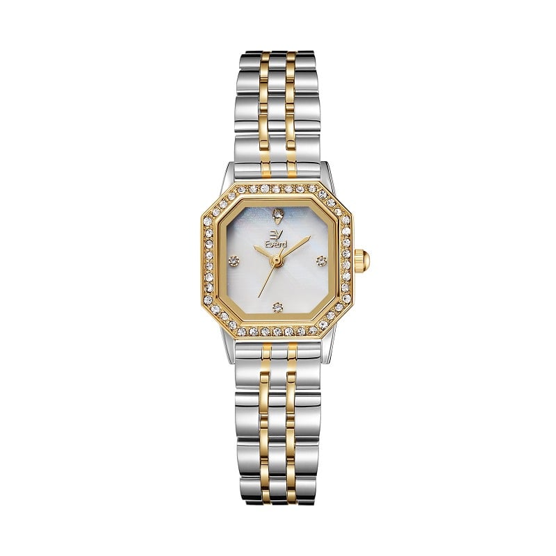 ساعة ايفرد نسائية مربعة فضي و ذهبي وجهة سداسية مرصعة