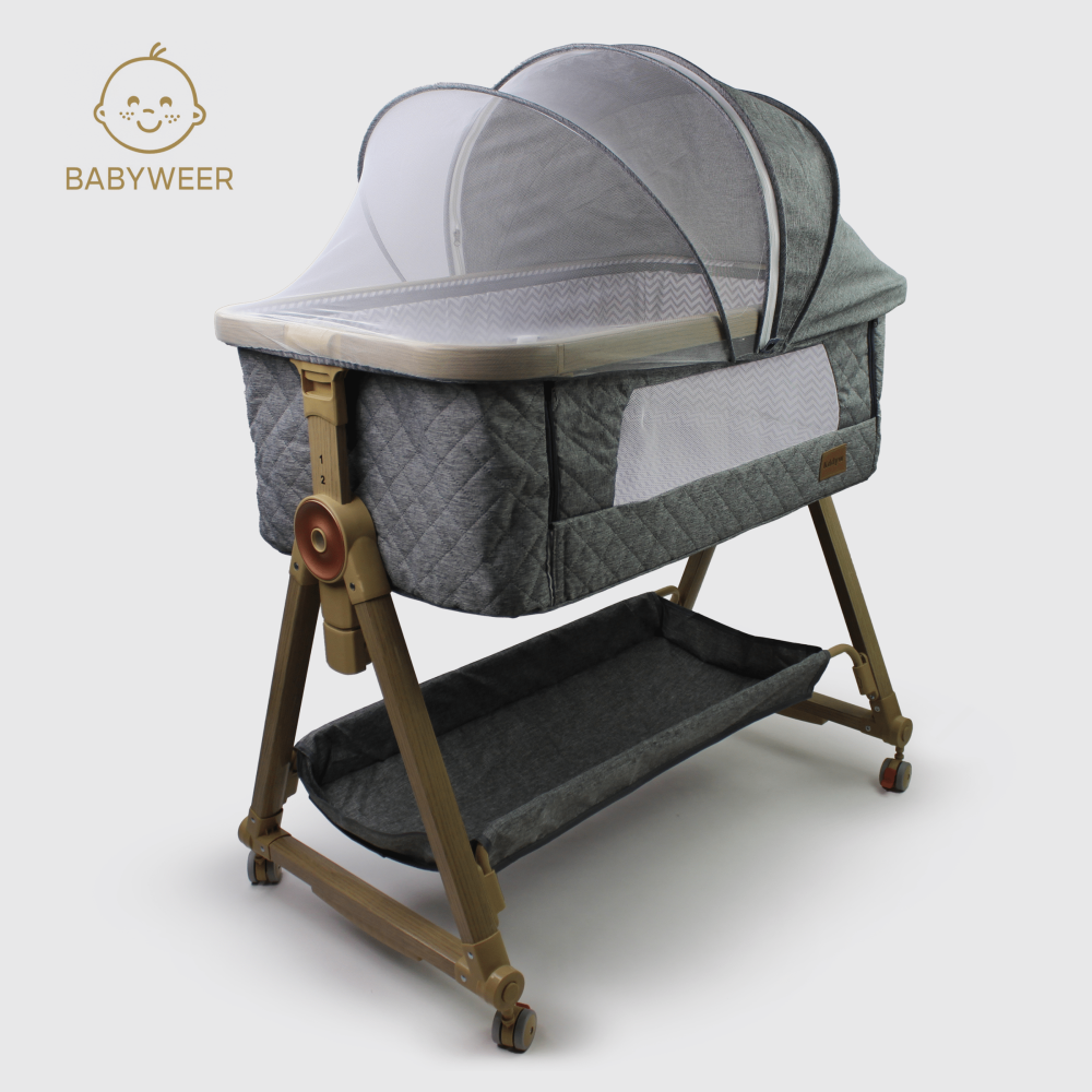 مهد أطفال ملاصق رمادي فاتح شبكي عجلات تثبيت آمنة