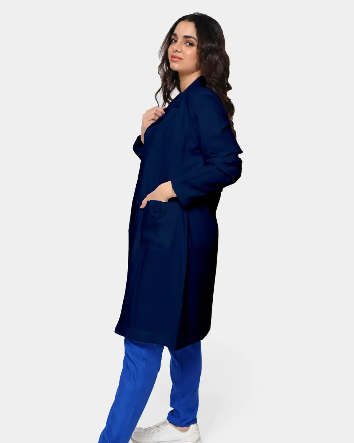 Navy Women Lab Coat 38 Inch Orchid Elegant Daily Wear | Maryouli Ahla