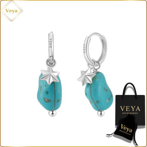 حلق تركوازي مطلية بالذهب من VEYA ACCESSORIES – تصميم فاخر منقوش بشكل نجمة البحر  – مع علبة ورقية أنيقة وكيس مخملي فاخر – هدية مميزة