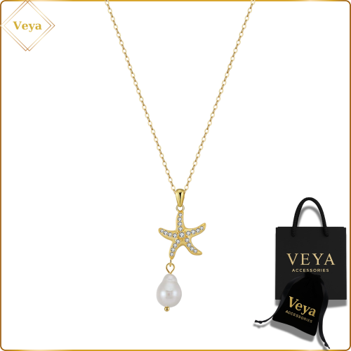 سلسلة مطلية بالذهب من VEYA ACCESSORIES – تصميم فاخر منقوش بشكل نجمة البحر  – مع علبة ورقية أنيقة وكيس مخملي فاخر – هدية مميزة