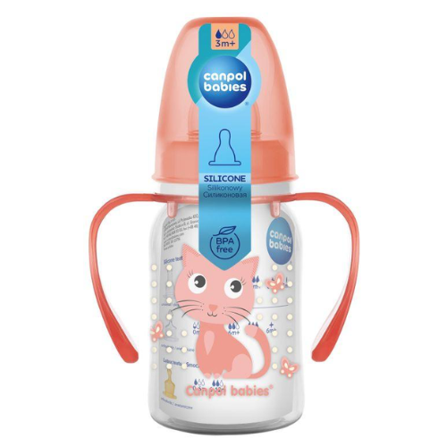 كانبول بيبي رضاعة بلاستيك بيد  خالية من مادة البيسيفينول 120 مل لونين احمر والازرق