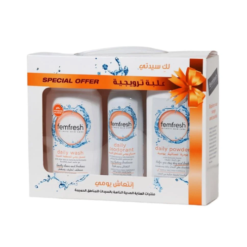 مجموعة العناية بالمنطقة الحميمية تحتوي على غسول (250 مل) و بودرة (200جر) و سبراي (125 مل)من فيم فريش