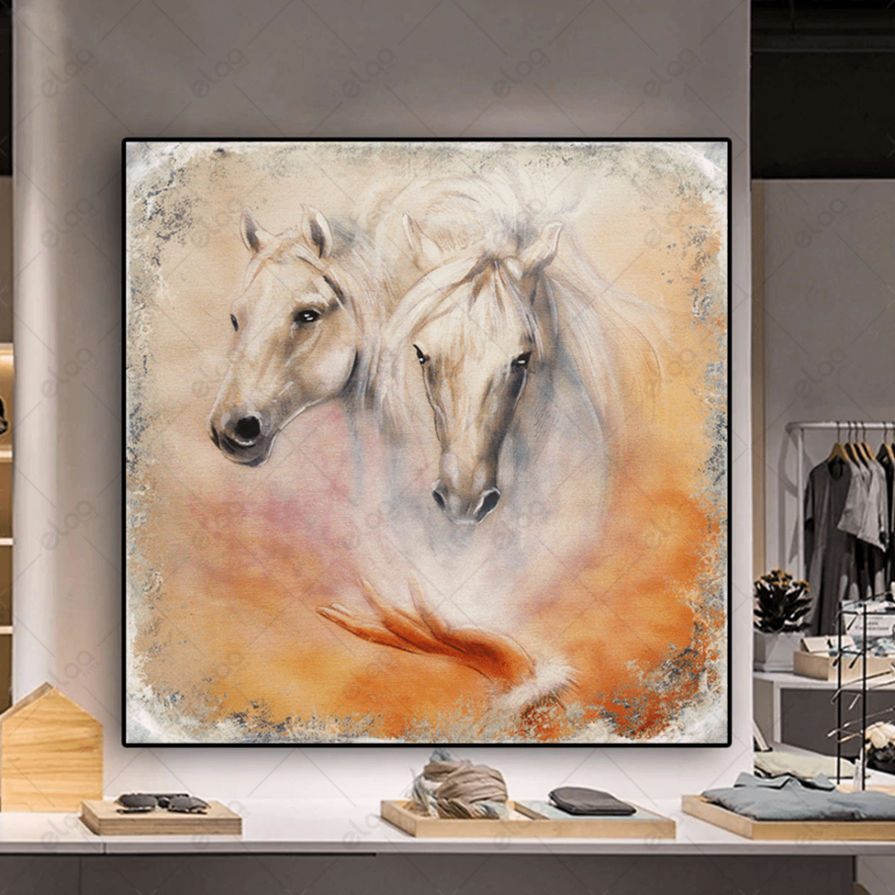 (MDF) لوحة جدارية رسم اثنين من الخيول البيضاء خلفية مجردة