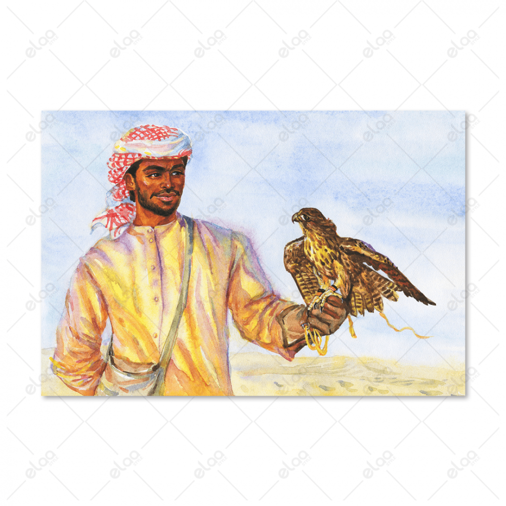 (MDF) لوحة جدارية مرسومة رجل عربي و صقر في الصحراء