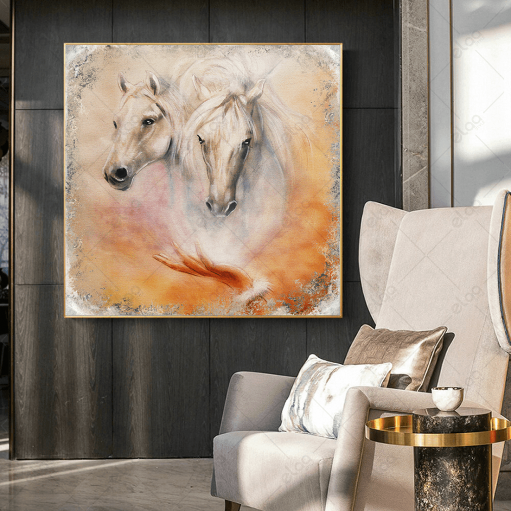 (MDF) لوحة جدارية رسم اثنين من الخيول البيضاء خلفية مجردة