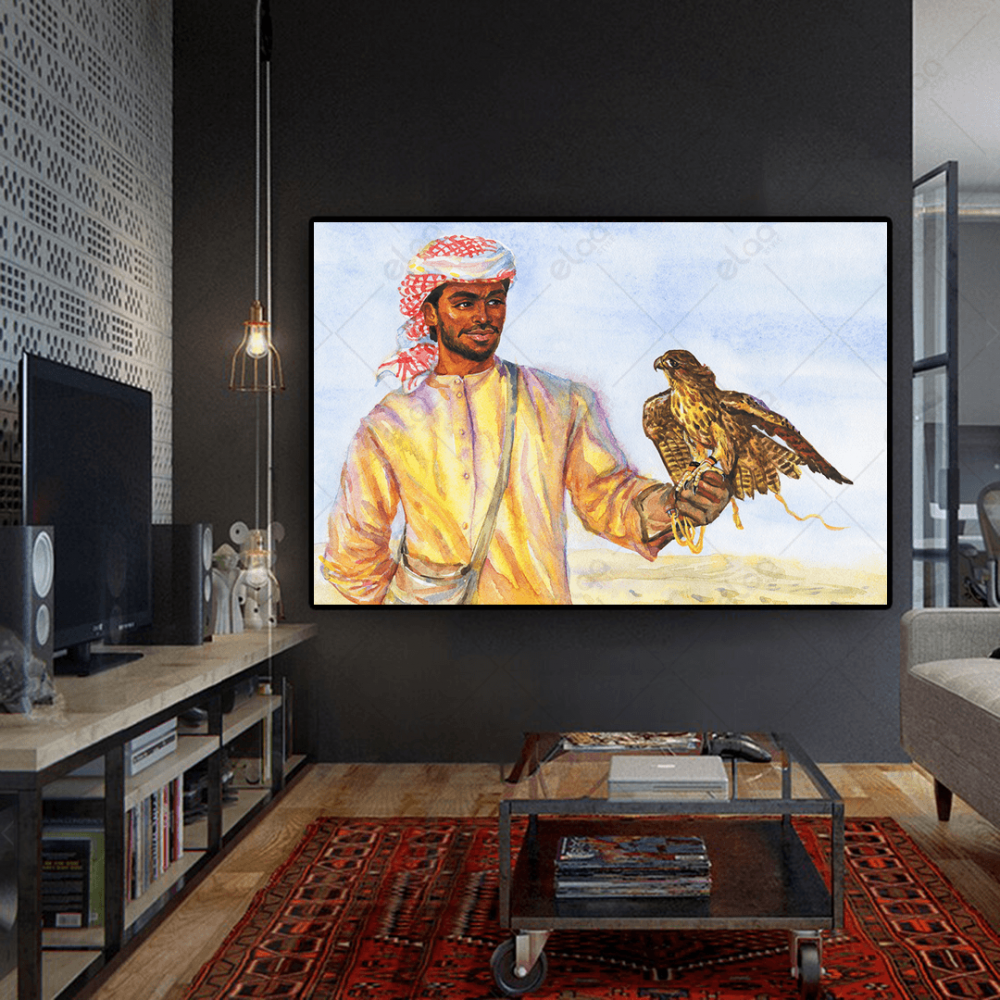 (MDF) لوحة جدارية مرسومة رجل عربي و صقر في الصحراء