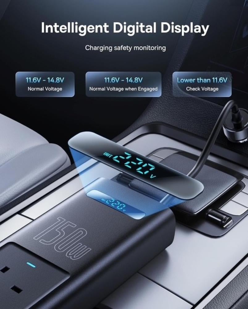 توصيلة سيارة بيسوس بقوة 150 واط ، 220 فولت بمنفذين طاقة ومنفذ USB ومنفذين تايب سي