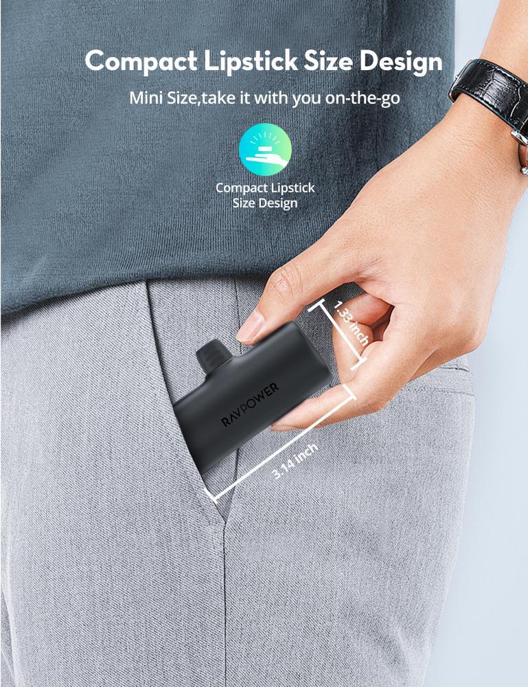 باور بانك راف باور ميني بسعة 5000 ملي امبير بشاحن تايب سي مدمج ومنفذ تايب سي بقوة 20 واط مع سلك تايب سي الى تايب سي