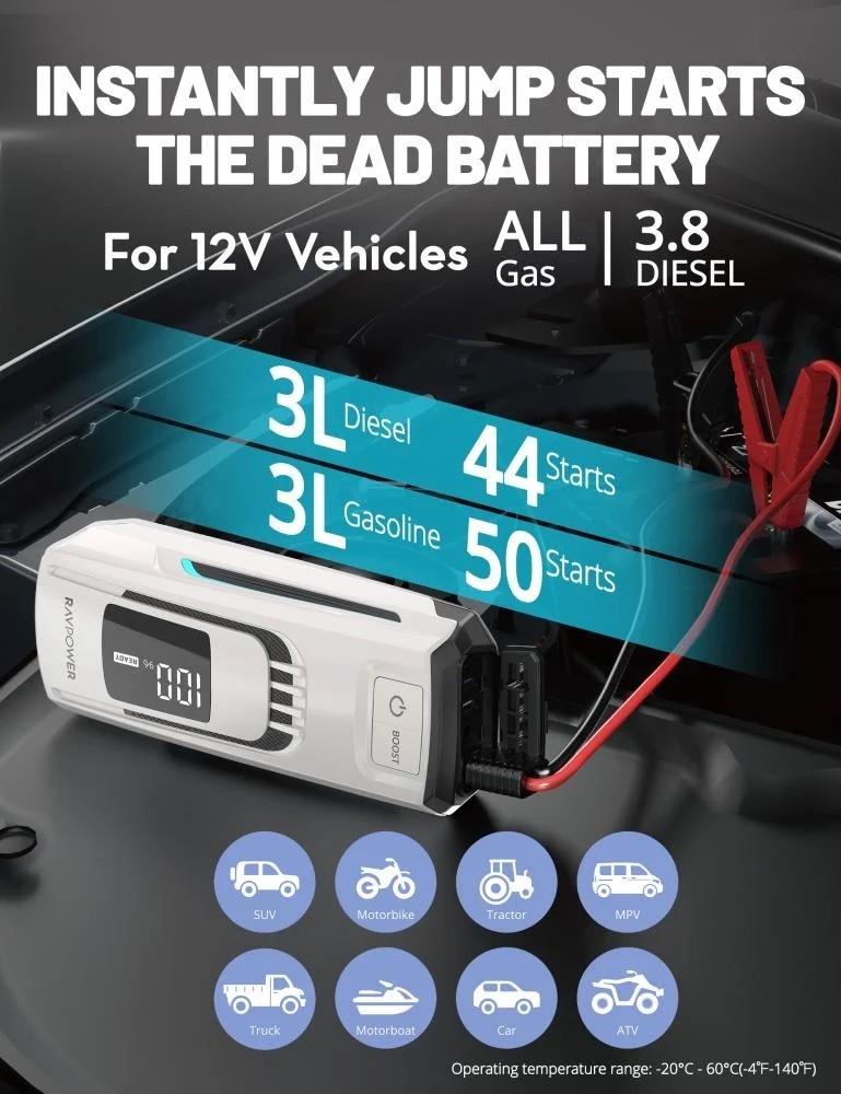 مشغل سيارة وبطارية راف باور جامب ستارتر بسعة 24000 ملي امبير بقوة 88.8 واط