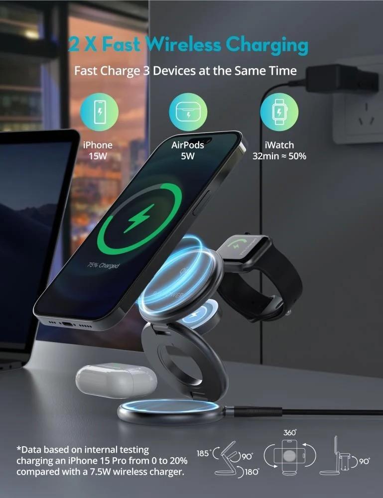 منصة شحن راف باور بريميوم ستاند وشاحن ماج سيف بقوة 15 واط قابل للدوران 360 درجة 3 في 1 للجوال والسماعة والساعة