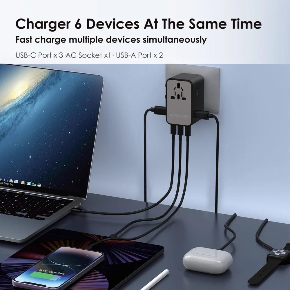فيش سفر راف باور بقوة 75 واط متعدد المداخل مع ثلاث منافذ تايب سي ومنفذين USB-A