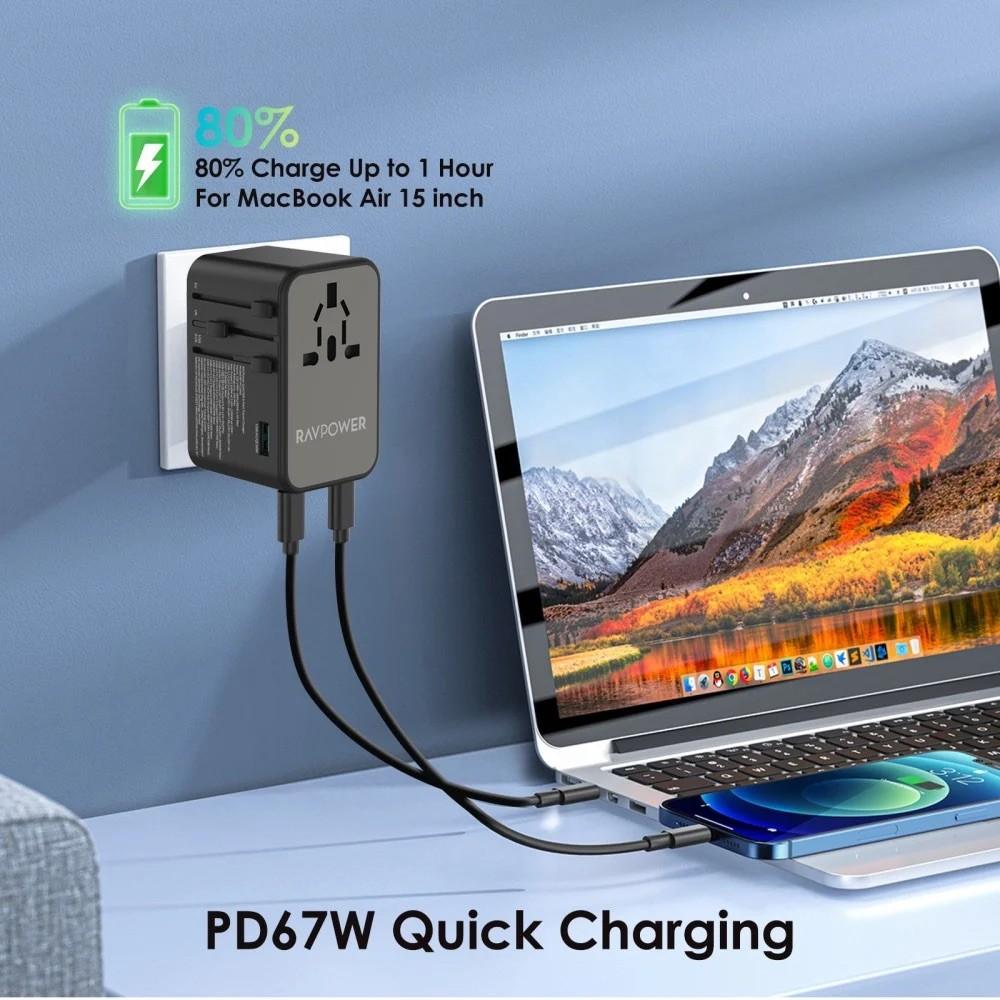 فيش سفر راف باور بقوة 75 واط متعدد المداخل مع ثلاث منافذ تايب سي ومنفذين USB-A