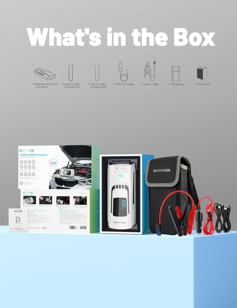 مشغل سيارة وبطارية راف باور جامب ستارتر بسعة 24000 ملي امبير بقوة 88.8 واط