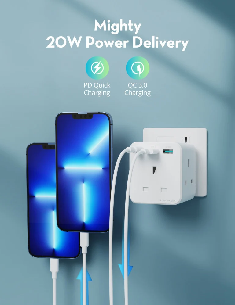 شاحن RAVPOWER 20W متعدد المنافذ – 3 منافذ اثنين  Usb-A وواحد PD  لشحن سريع
