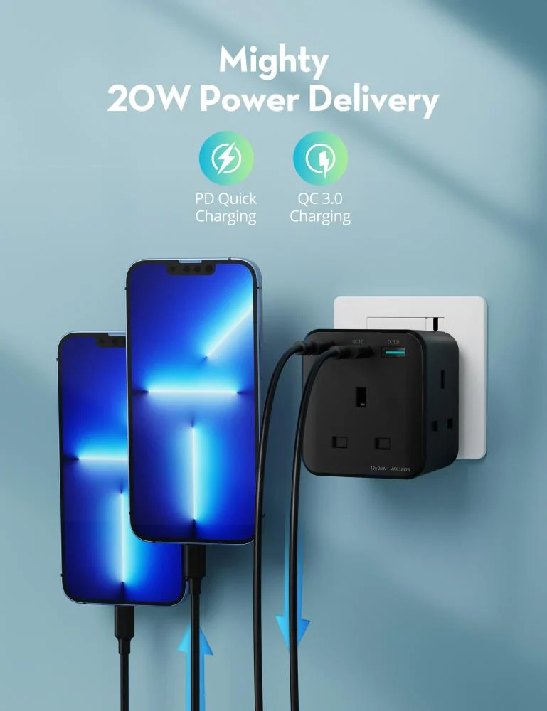 شاحن RAVPOWER 20W متعدد المنافذ – 3 منافذ اثنين  Usb-A وواحد PD  لشحن سريع