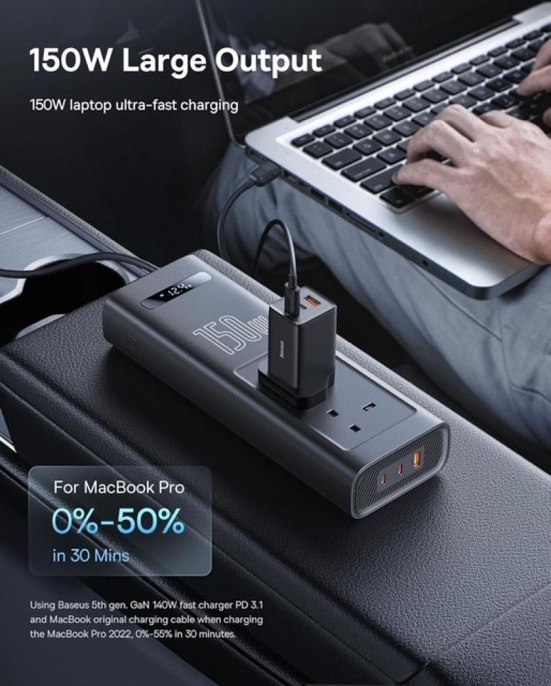 توصيلة سيارة بيسوس بقوة 150 واط ، 220 فولت بمنفذين طاقة ومنفذ USB ومنفذين تايب سي