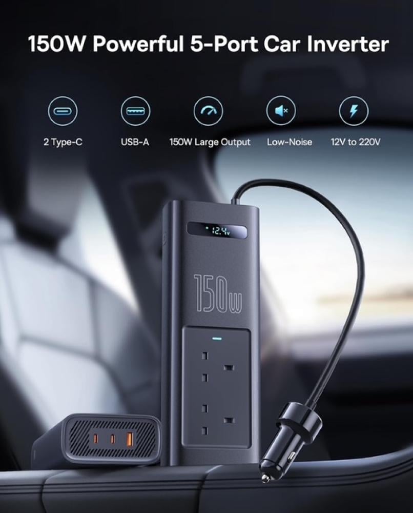 توصيلة سيارة بيسوس بقوة 150 واط ، 220 فولت بمنفذين طاقة ومنفذ USB ومنفذين تايب سي