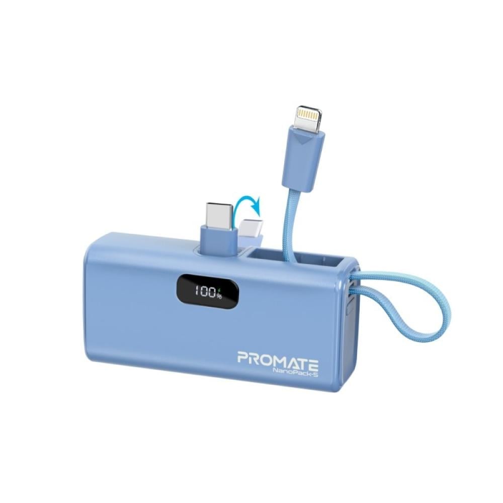 بطارية متنقلة من بروميت-  صغيرة جدا للشحن السريع  بقدرة 5000 مللي أمبير مع موصل USB-C قابل للطي وكابل آيفون لايتينيغ توصيل طاقة بقدرة 20 واط موصل USB-C قابل للطي  مع مدخل/مخرج USB-C -بروميت NanoPack-5