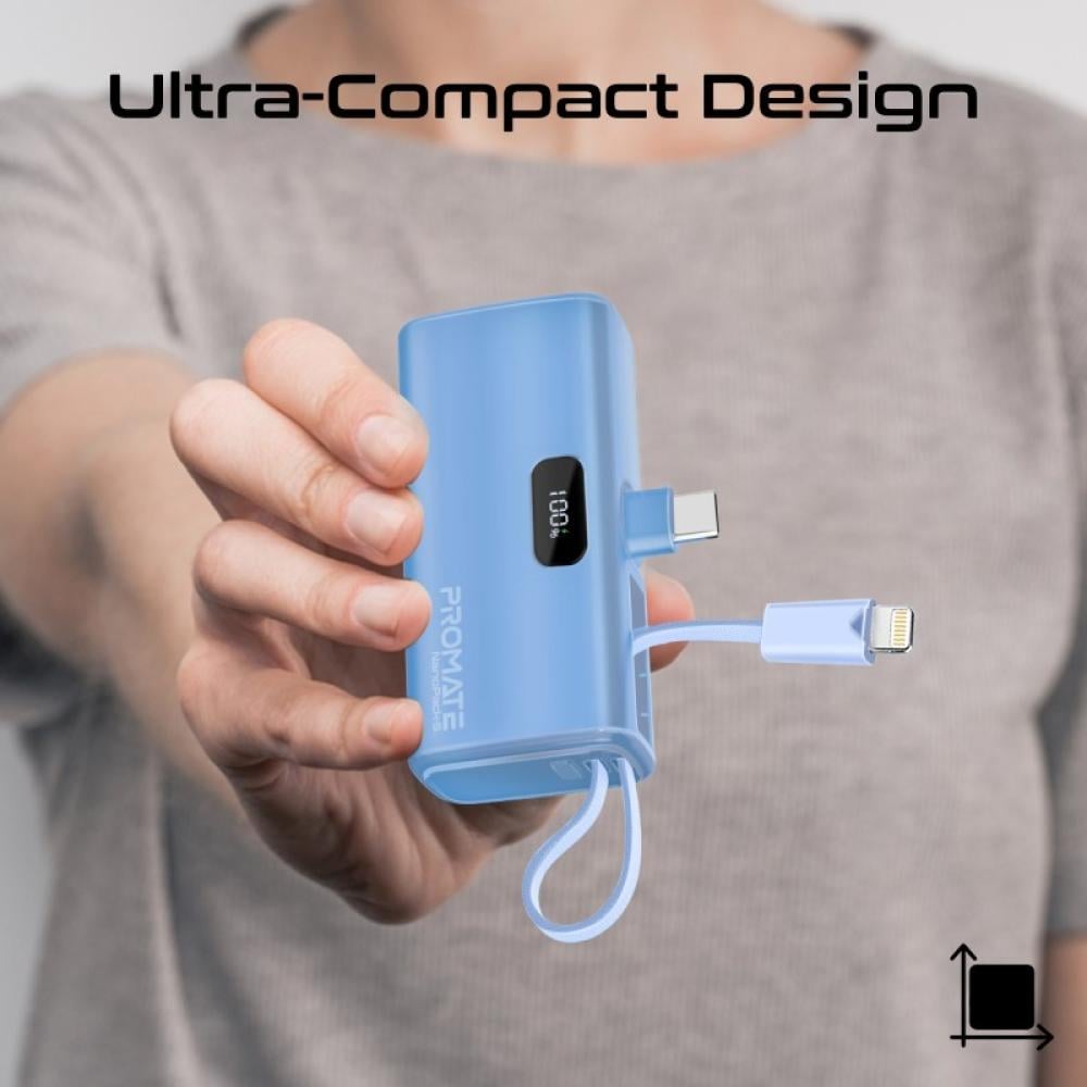 بطارية متنقلة من بروميت-  صغيرة جدا للشحن السريع  بقدرة 5000 مللي أمبير مع موصل USB-C قابل للطي وكابل آيفون لايتينيغ توصيل طاقة بقدرة 20 واط موصل USB-C قابل للطي  مع مدخل/مخرج USB-C -بروميت NanoPack-5