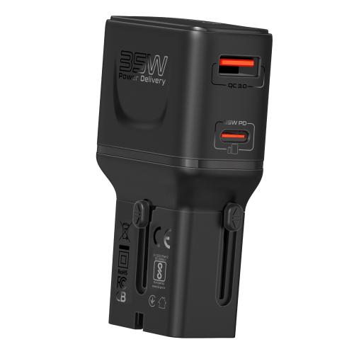 TriPlug-PD35 من Promate – محول سفر عالمي متعدد المنافذ (US/UK/EU/AU) مع شحن سريع USB-C بقوة 35W وQC 18W، مقابس قابلة للسحب، تصميم مدمج وخفيف الوزن، حماية متكاملة ضد الجهد الزائد والسخونة الزائدة، مثالي للسفر الدولي وشحن الأجهزة المتعددة شاحن سفر عالم