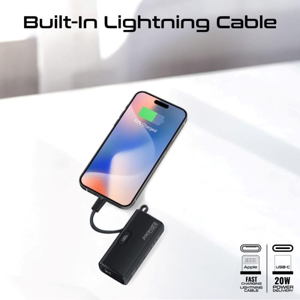 بطارية متنقلة من بروميت-  صغيرة جدا للشحن السريع  بقدرة 5000 مللي أمبير مع موصل USB-C قابل للطي وكابل آيفون لايتينيغ توصيل طاقة بقدرة 20 واط موصل USB-C قابل للطي  مع مدخل/مخرج USB-C -بروميت NanoPack-5