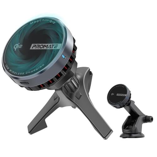 شاحن سيارة لاسلكي فائق السرعة حاصل على شهادة ال Qi2 ويدعم تقنية التبريد الذاتي المتطور وبقوة 15 واط، يمكن تثبيته على لوحة القيادة أو فتحة مكيف الهواء أو الزجاج الأمامي مع نظام حماية الشحن واكتشاف الأجسام الغريبة Promate MagChill- Qi2