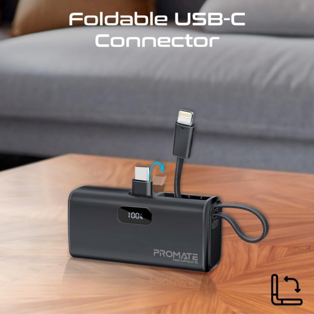 بطارية متنقلة من بروميت-  صغيرة جدا للشحن السريع  بقدرة 5000 مللي أمبير مع موصل USB-C قابل للطي وكابل آيفون لايتينيغ توصيل طاقة بقدرة 20 واط موصل USB-C قابل للطي  مع مدخل/مخرج USB-C -بروميت NanoPack-5