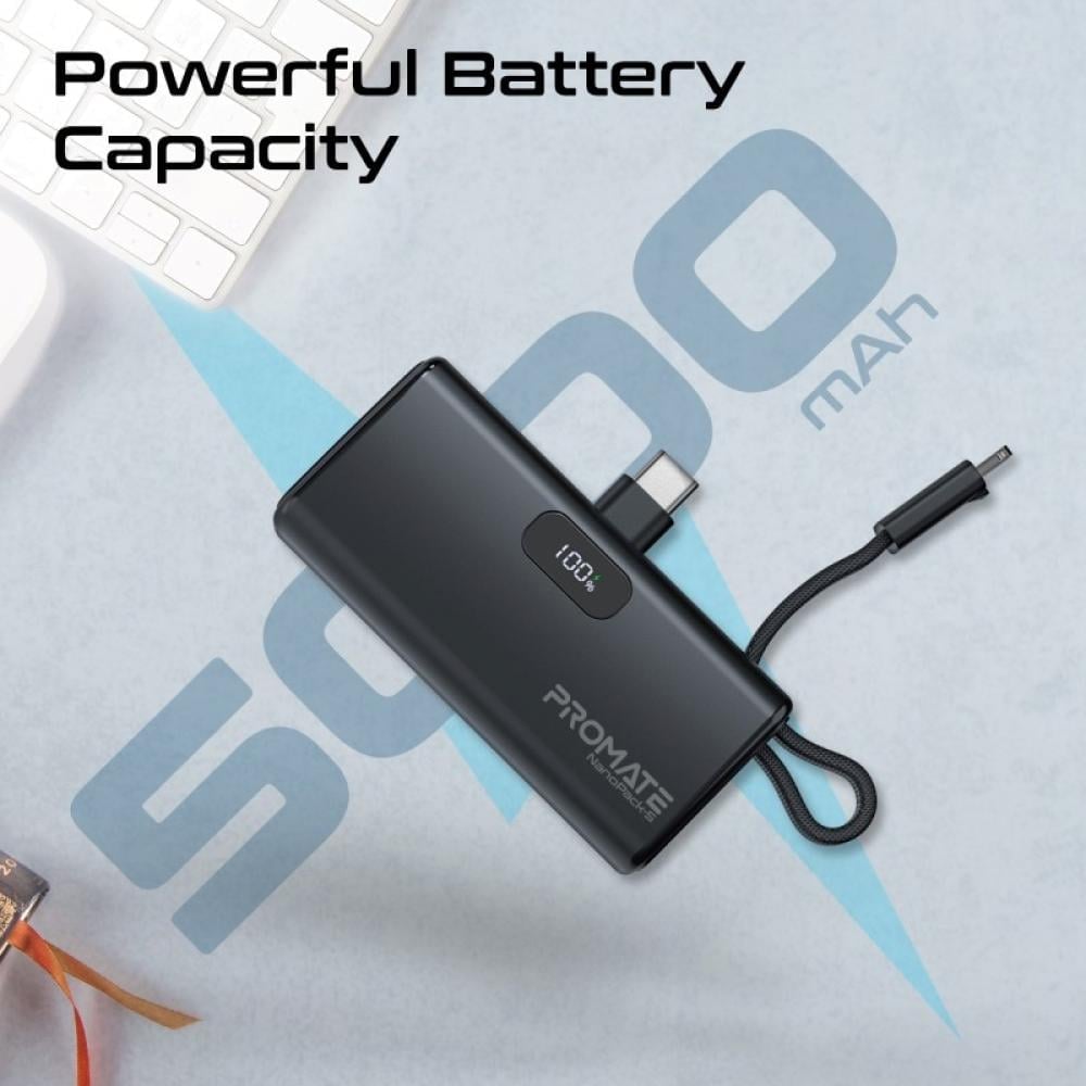 بطارية متنقلة من بروميت-  صغيرة جدا للشحن السريع  بقدرة 5000 مللي أمبير مع موصل USB-C قابل للطي وكابل آيفون لايتينيغ توصيل طاقة بقدرة 20 واط موصل USB-C قابل للطي  مع مدخل/مخرج USB-C -بروميت NanoPack-5
