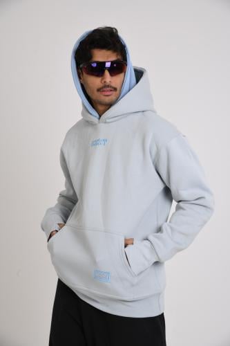 Sky Blue and Grey Double Cap Hoodie