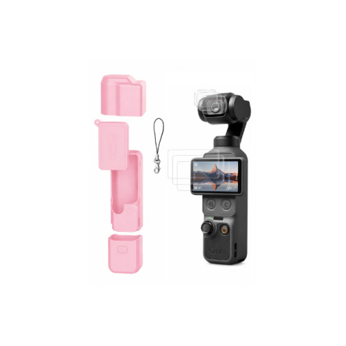 كفر حماية سيليكون لكاميرا DJI Osmo Pocket 4 مع استكر للشاشة والعدسة - وردي