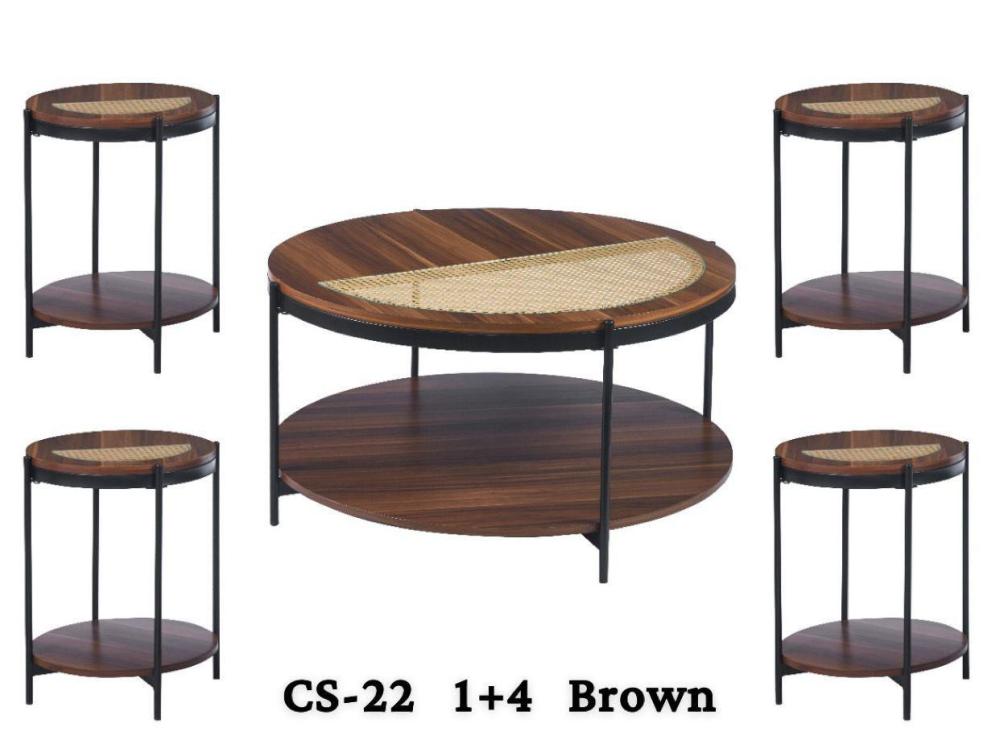 طقم طاولات 5 قطع دورين راتان خشبي - بنيي