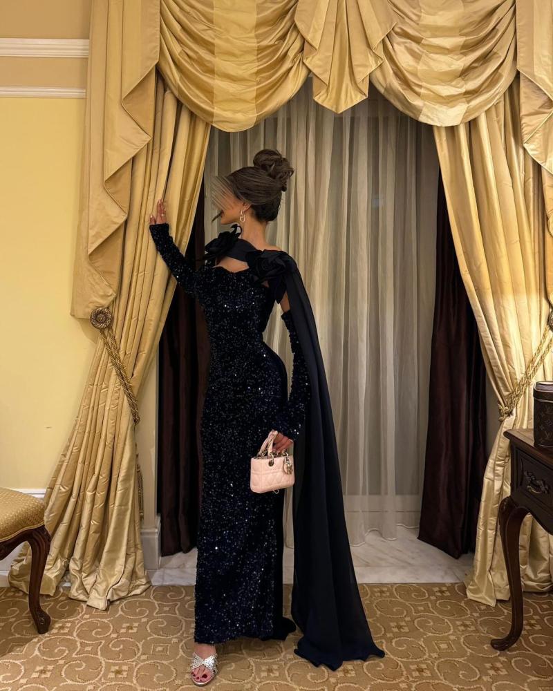 فستان سهرة خامة مخمل كوري +ترتر  كم طويل شيفون  ورود تفته