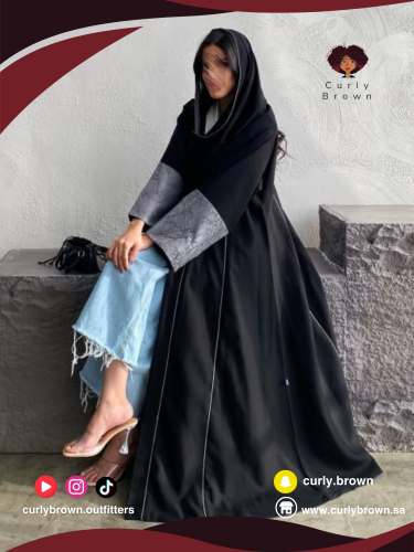 عباية كتان نص كلوش بأكمام جاكار (رصاصي)
