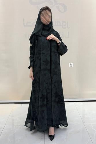 عبايه كلوش بقماش شيفون مشجر زيتي