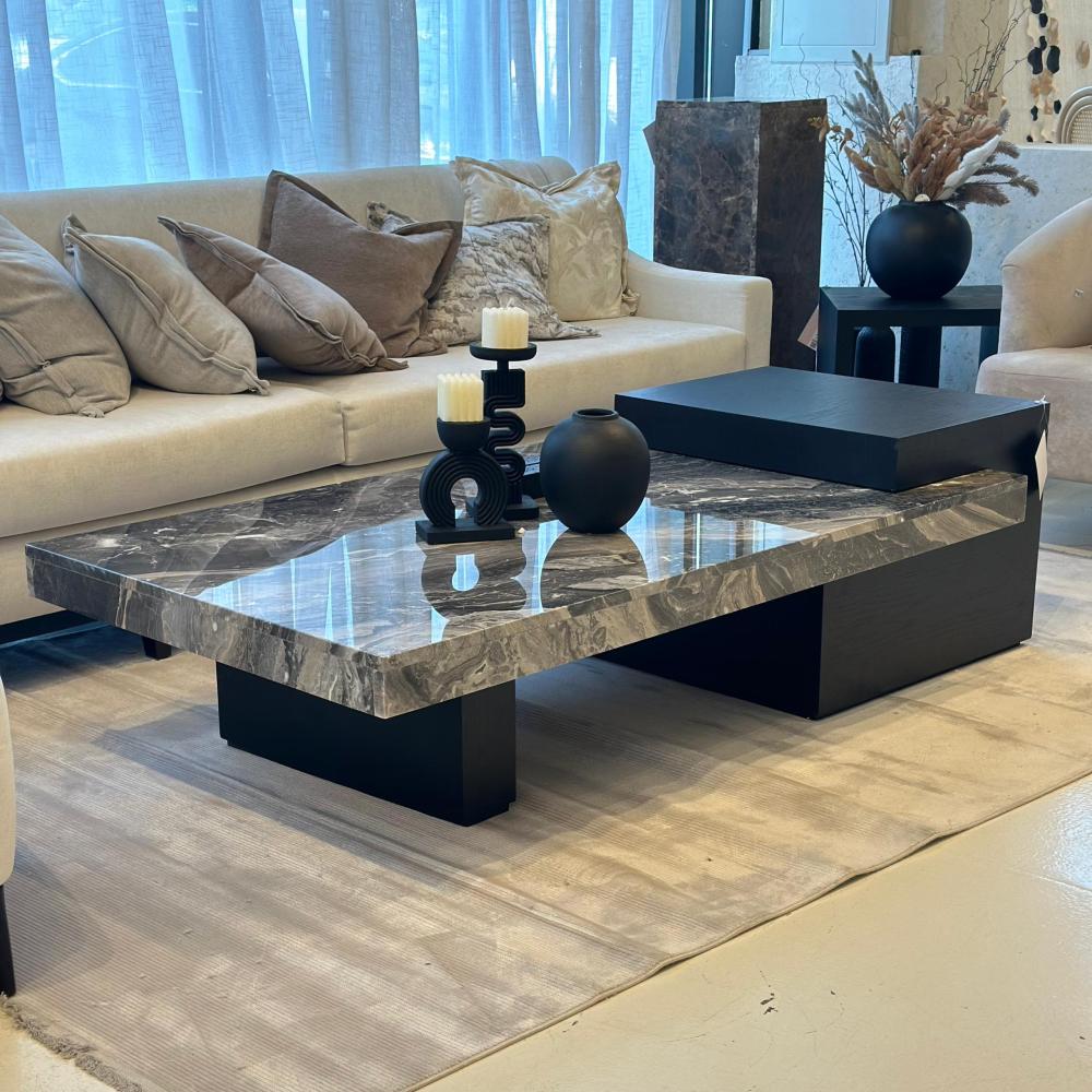 طاولة قهوة بسطح  خشب ورخام 50×180×90سم