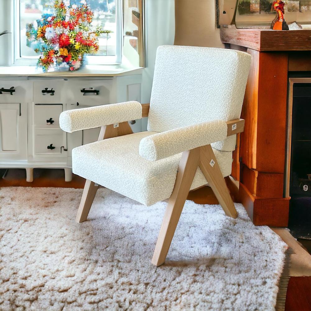 كرسي مفرد خشبي بوكلية بتصميم مودرين مميز ابيض خشب بيج 69×70×45سم