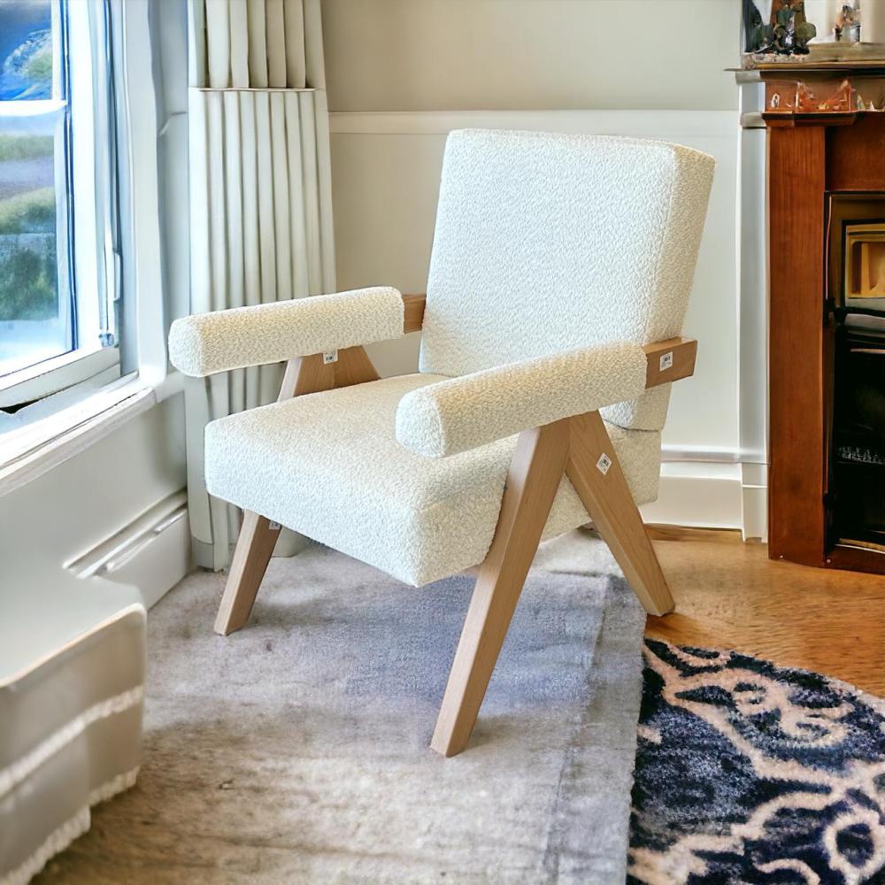 كرسي مفرد خشبي بوكلية بتصميم مودرين مميز ابيض خشب بيج 69×70×45سم