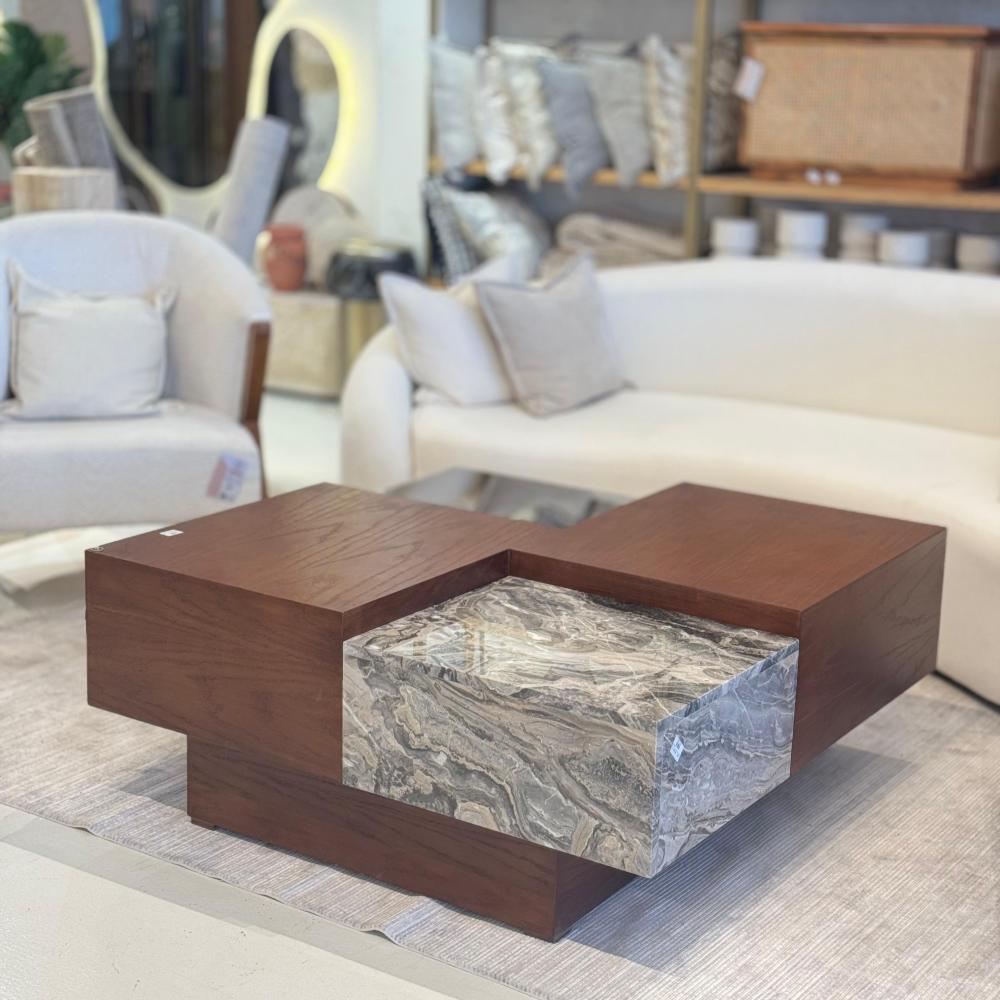 طاولة القهوة بسطح زجاجي+خشب-لرخام مزدوج 50×120×120سم