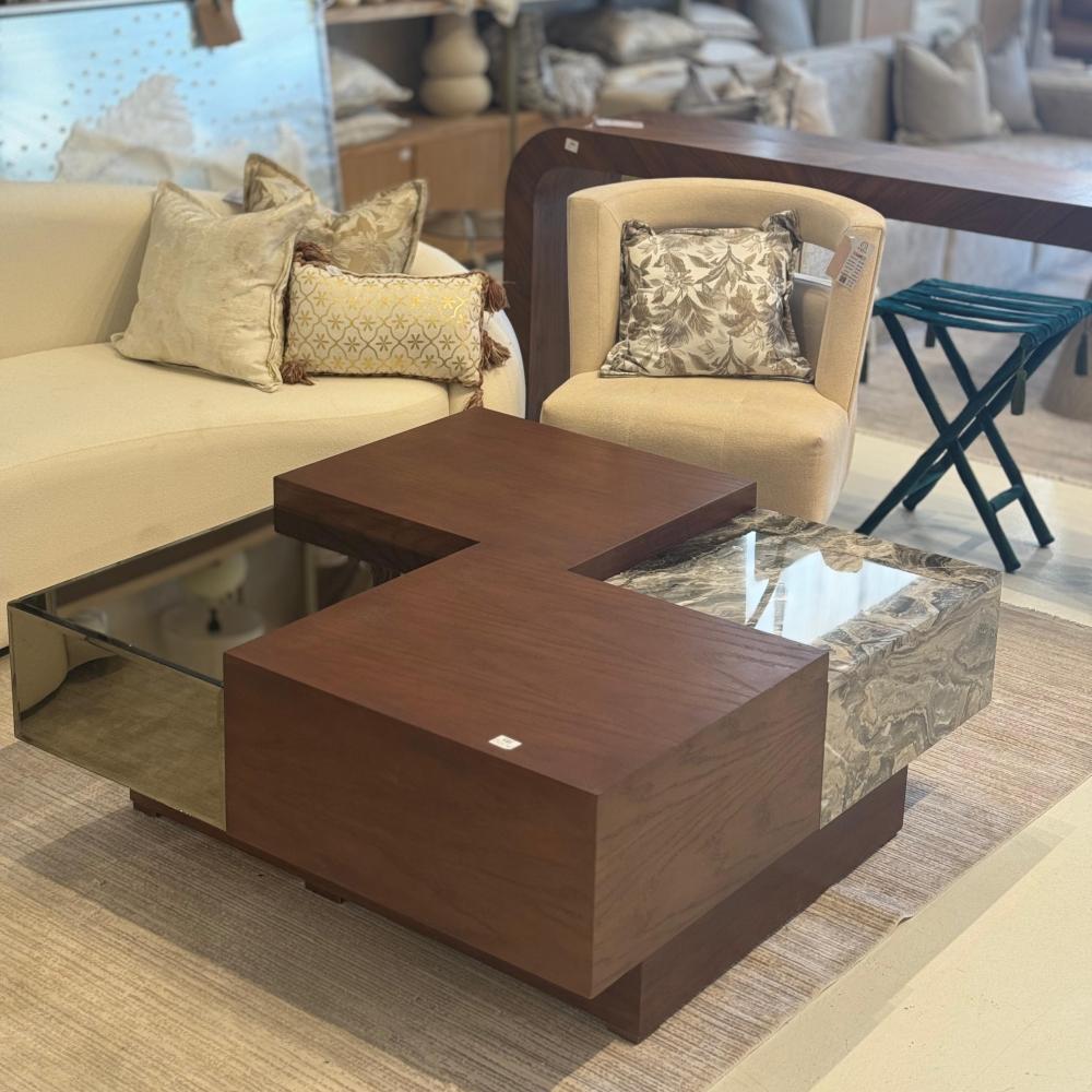 طاولة القهوة بسطح زجاجي+خشب-لرخام مزدوج 50×120×120سم