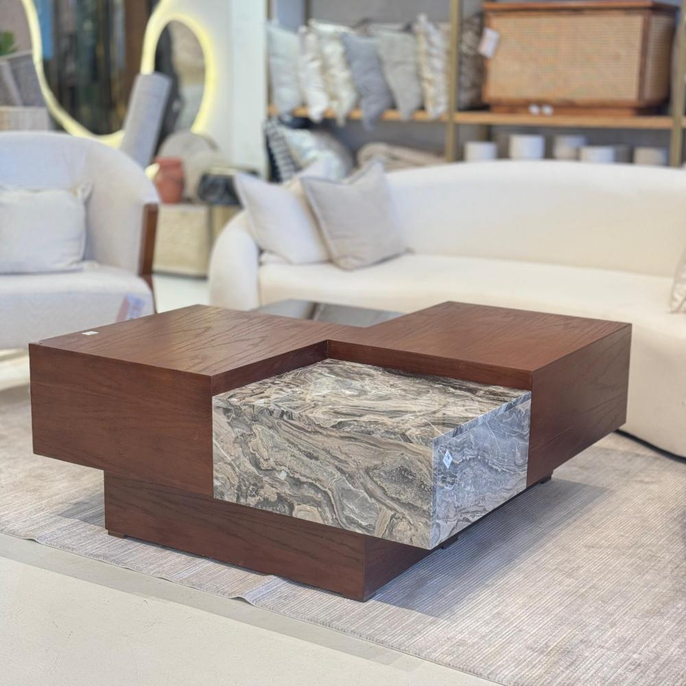 طاولة القهوة بسطح زجاجي+خشب-لرخام مزدوج 50×120×120سم